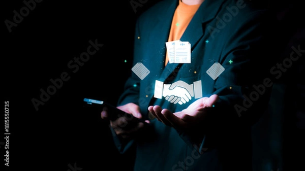 Fototapeta Businessman showing handshake icon, representing a successful negotiation or business deal between business partners in a professional corporate atmosphere, emphasizing agreement.