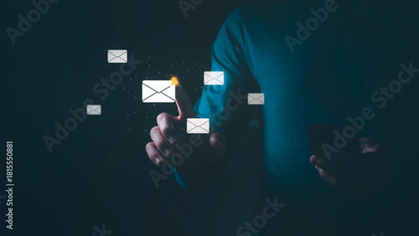 Fototapeta People checking email, digital communication concept, online messaging system. Digital email notification appears, which represents an email marketing strategy and online communication.