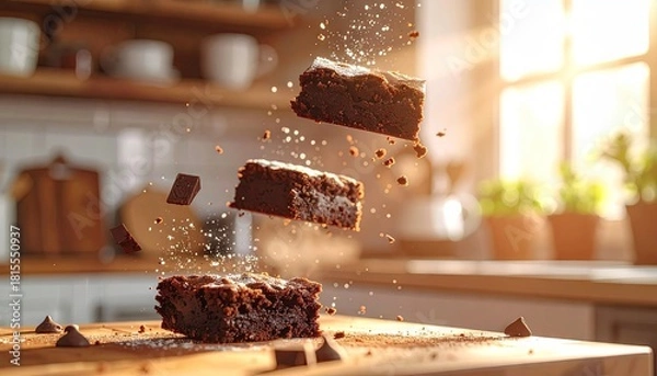 Obraz Delicious chocolate brownies levitating with powdered sugar and chocolate chips in a sunlit kitchen setting