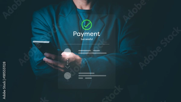 Fototapeta A secure online payment concept with a focus on fintech innovation, financial security, encryption, and global e-commerce trends. Businesspeople use online payments for convenience and speed.