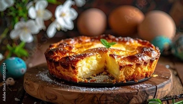 Obraz Delicious Golden Brown Baked Easter Cake With Creamy Filling Garnished With Mint Leaves And Powdered Sugar Next To Painted Easter Eggs On A Wooden Plate
