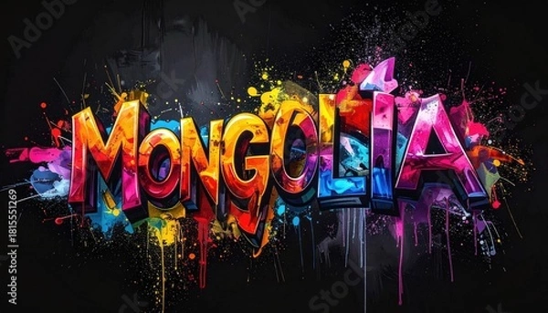 Obraz Colorful Graffiti Art Spelling Mongolia With Splatter Paint Effects On A Dark Background
