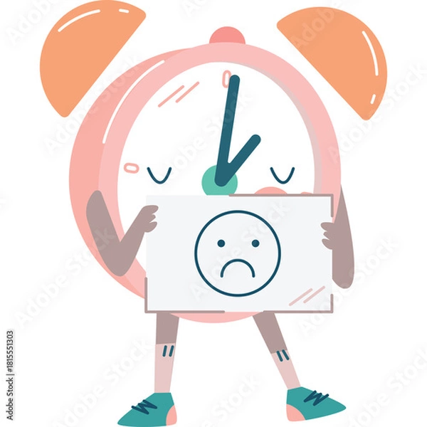 Obraz Sad Pink Alarm Clock Character Holding a Sign with a Frowning Face Illustration