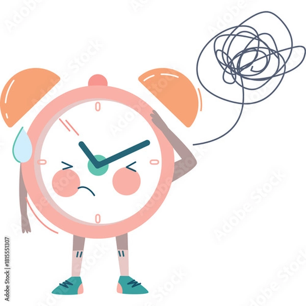 Obraz Sad Pink Alarm Clock Character With Green Hands And Orange Top Bells Feeling Stressed With A Blue Sweat Drop And A Scribble Cloud Above Its Head On A White Background