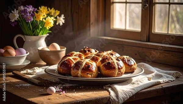 Obraz Delicious Golden Brown Hot Cross Buns Arranged On A Rustic Wooden Table With A Bowl Of Eggs And A Vase Of Yellow And Purple Daffodils In Soft Sunlight Near A Window