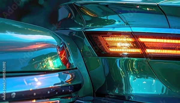 Fototapeta Close up of a sleek teal car's rear taillight reflecting city lights at dusk with a futuristic design