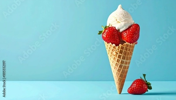 Obraz Delicious ice cream cone with vanilla scoop and fresh strawberries on a bright blue background with soft lighting and a crisp waffle texture