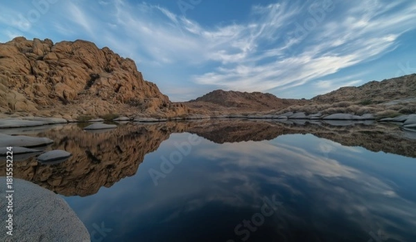 Obraz Serene reflection of sky in desert oasis surrounded by rocky formations and boulders creating peaceful natural landscape.