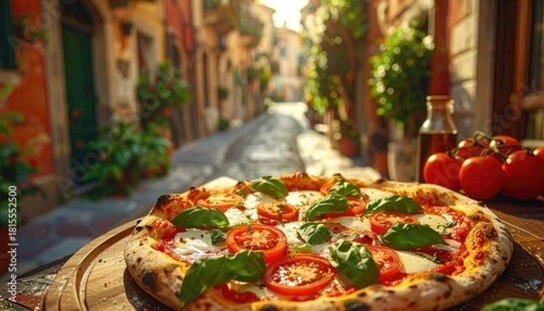 Obraz Delicious Margherita Pizza With Fresh Basil And Tomatoes Presented On A Wooden Board In A Picturesque Italian Street Scene With Warm Sunlight Illuminating The Cobblestone Path And Colorful Buildings