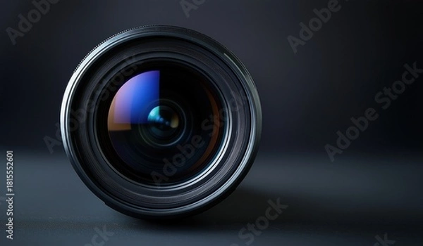 Fototapeta Camera lens on black background symbolizing importance of visual representation in marketing and advertising concepts.