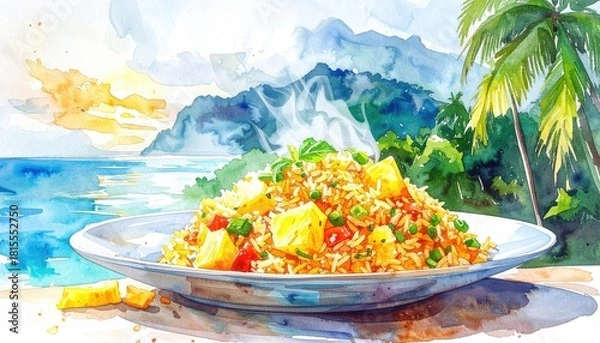 Obraz Delicious Pineapple Fried Rice Served in a Tropical Setting with Palm Trees and Ocean View