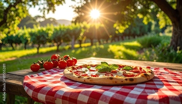 Obraz Delicious Pizza with Fresh Tomatoes on a Red Gingham Tablecloth in a Sun Drenched Vineyard at Golden Hour