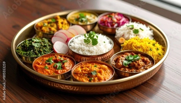 Obraz Colorful Indian Thali Platter with Variety of Curries Rice and Vegetables in Copper Bowls on Wooden Table