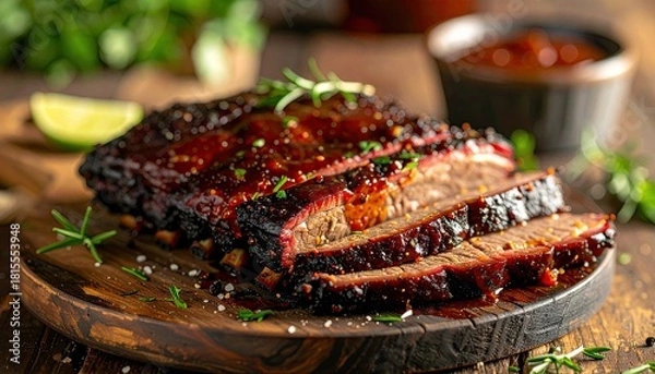 Obraz Deliciously Smoked Beef Brisket Glazed With Barbecue Sauce Garnished With Rosemary And Lime Slice Served On Wooden Board With Bowl Of Sauce On Side With Blurred Greenery Background In Natural Light
