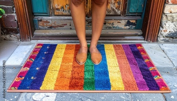 Obraz Colorful Rainbow Striped Doormat Welcomes Visitors to Rustic Distressed Teal Doorway on Stone Steps