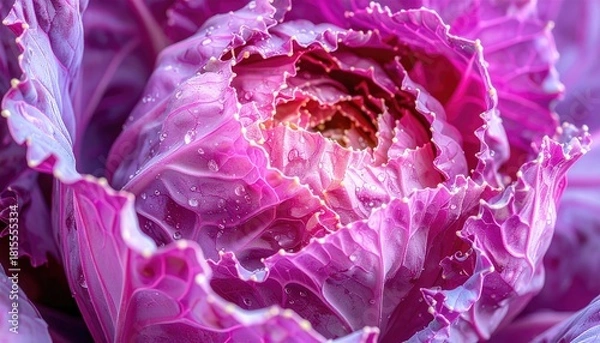 Fototapeta Close up of a vibrant purple ornamental cabbage with dew drops glistening on its ruffled leaves in soft natural light