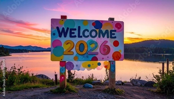 Obraz Colorful Welcome 2026 Sign Overlooking Lake at Sunset With Dramatic Sky