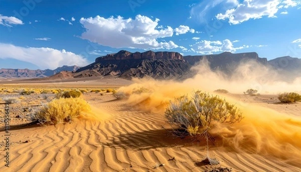 Obraz Desert landscape with wind blowing sand across textured dunes under a bright blue sky with scattered clouds and arid vegetation in the distance.