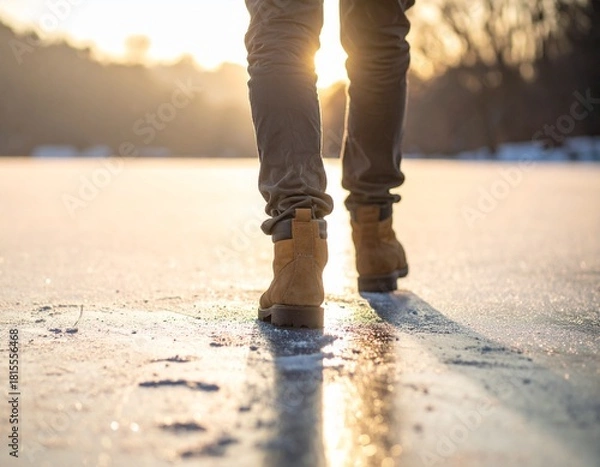 Obraz 氷の地面をブーツを履いて歩いている人の足