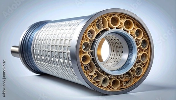 Obraz Detailed cross section of a futuristic cylindrical metallic component with intricate internal structures and golden accents against a gradient grey background with soft studio lighting