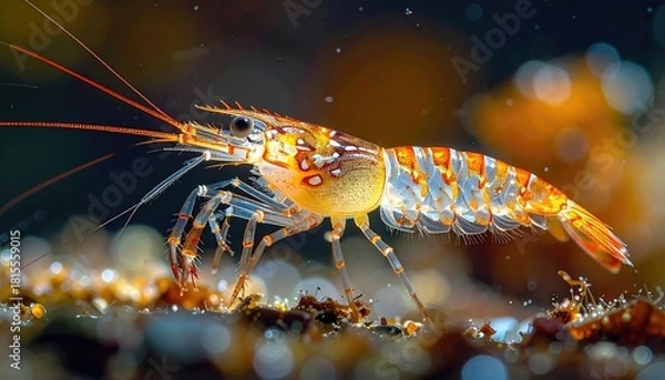 Obraz Detailed Macro Shot of a Colorful Orange and White Striped Shrimp Underwater with Soft Bokeh Background