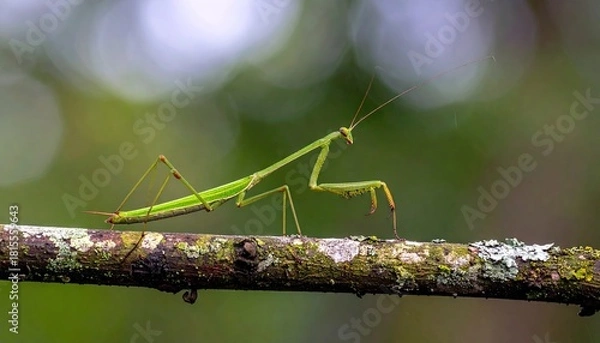 Obraz Detailed Macro Shot of a Green Praying Mantis Perched on a Moss Covered Branch in a Lush Forest with Soft Bokeh Background and Natural Sunlight