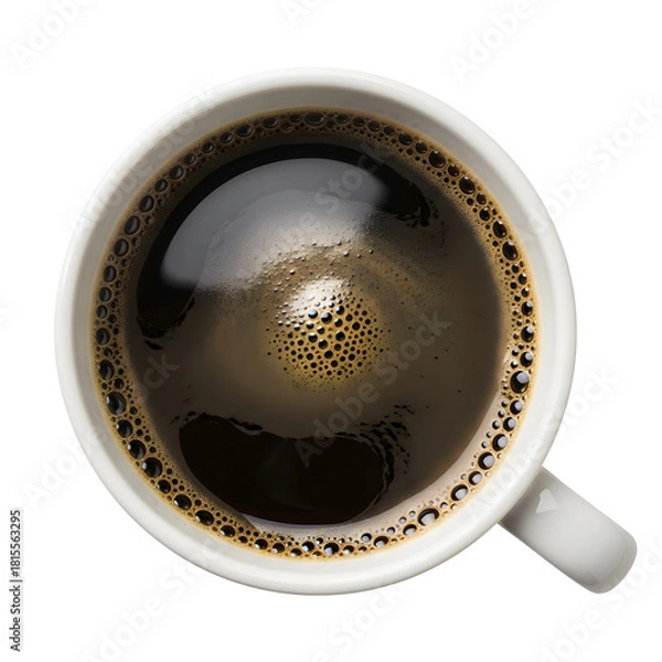 Fototapeta Top down view of a full cup of hot black coffee or espresso in a white mug, isolated on a white background