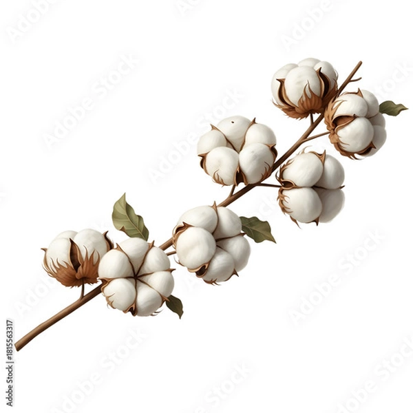 Fototapeta Elegant botanical illustration of a cotton twig with soft, white bolls, representing natural fabric and organic farming concepts