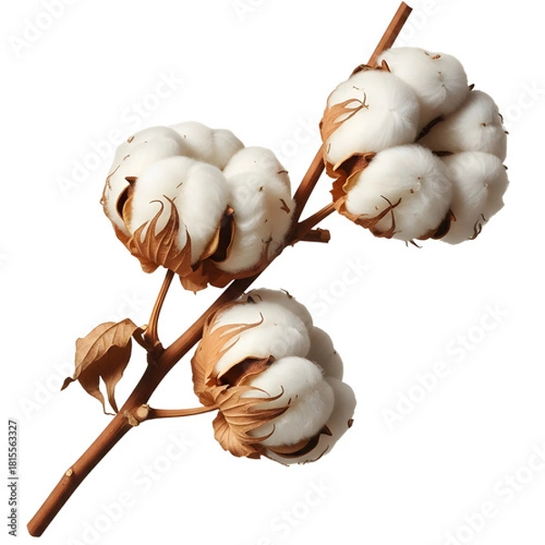 Fototapeta Three beautiful open cotton bolls on a single dry stem, illustrating the raw, delicate beauty of natural fibers against a white backdrop