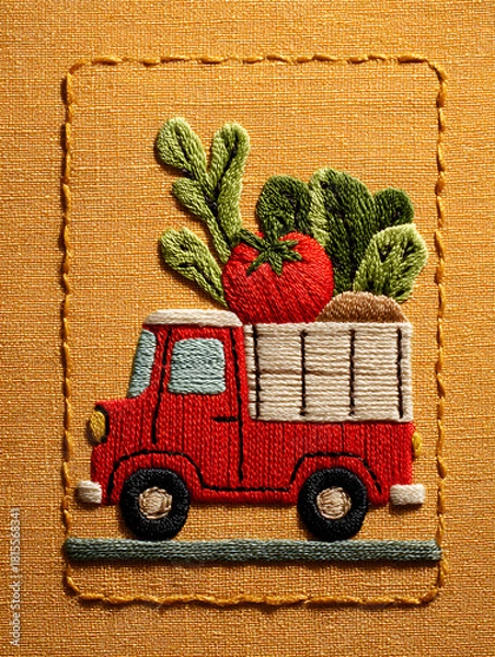 Obraz Red truck carrying fresh vegetables and produce in a rustic setting