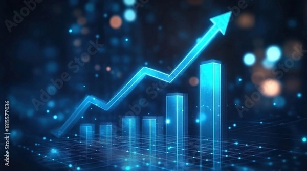 Obraz A glowing blue arrow pointing upwards on an abstract bar graph symbolizing growth and business success in the digital world with a futuristic background.