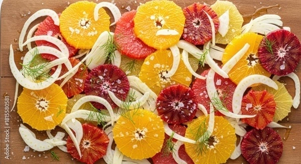 Fototapeta Vibrant citrus salad with fennel and sea salt on wood board