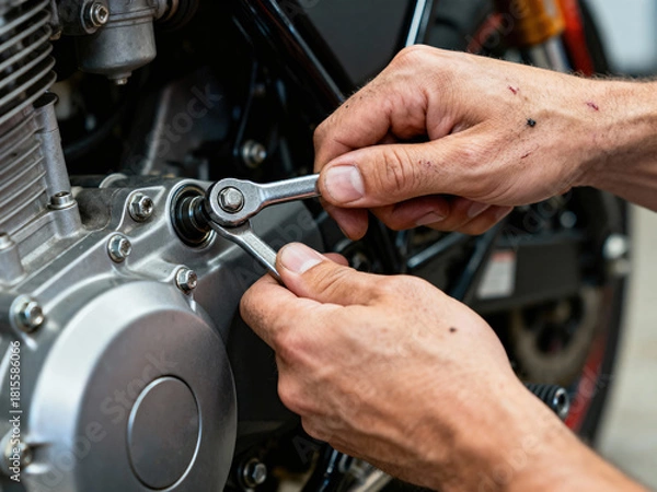 Fototapeta Realistic Cinematic Close up of a Mechanics Hands Repairing a Motorcycle Engine