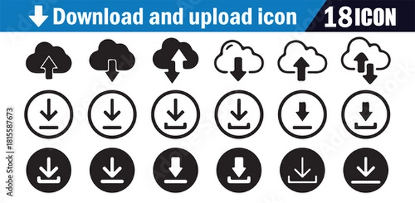 Fototapeta Download and upload icon set. Vector collection of 18 cloud and circular button symbols for data transfer.
