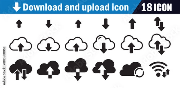 Fototapeta Download and upload icon set. Vector collection of 18 cloud, arrow, and wifi symbols for data transfer