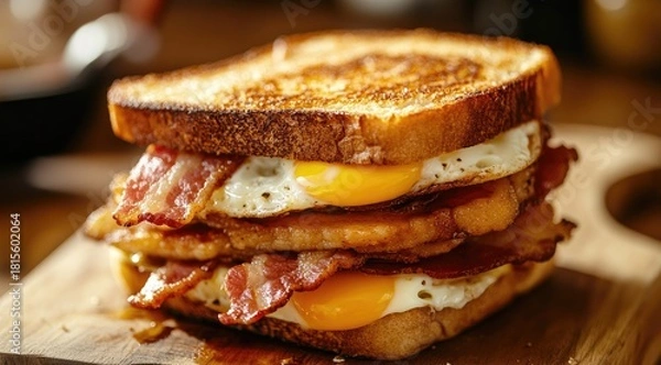 Fototapeta Stacked breakfast sandwich, bacon, egg