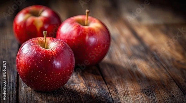 Fototapeta Three red apples on rustic wooden table