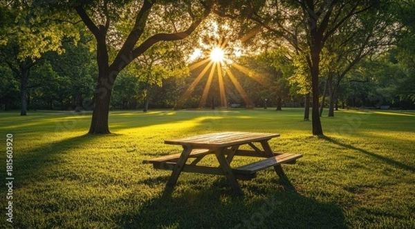 Fototapeta Sunbeams on a park picnic table (1)