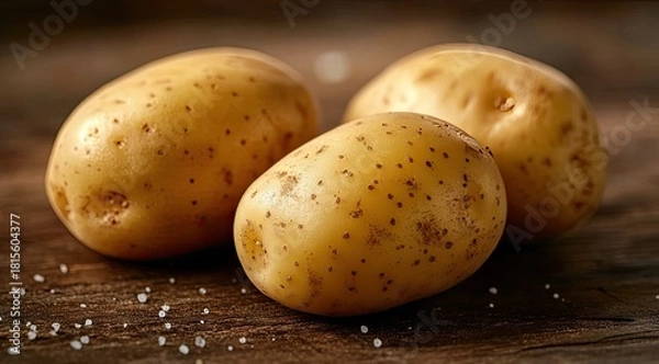 Fototapeta Three fresh potatoes on a wooden surface