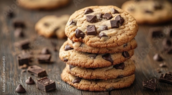 Fototapeta Stack of warm chocolate chip cookies on rustic wood
