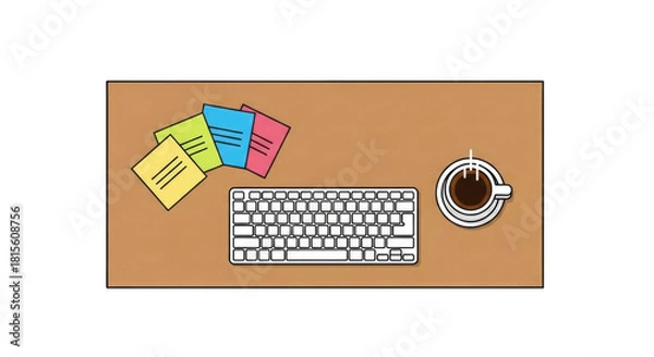 Fototapeta Workspace with keyboard coffee and sticky notes for work and study.