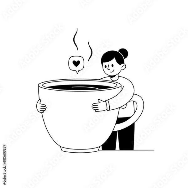 Fototapeta Delightful doodle of a woman embracing an oversized steaming cup of aromatic coffee bliss