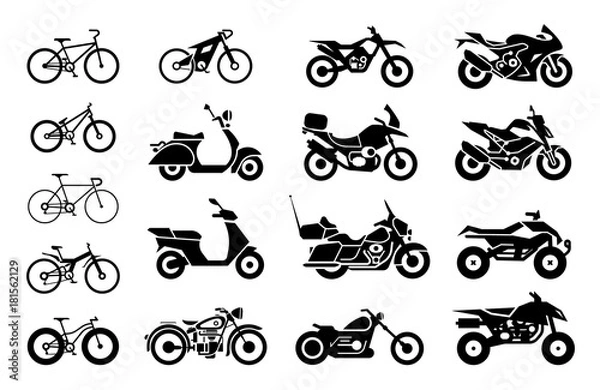 Fototapeta Zbiór ikon motocykli i rowerów. Ilustracji wektorowych symboli pojazdów silnikowych.