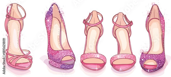 Obraz Feminine pink high heels with sparkling glitter texture, set of glamorous fashion shoes, vector illustration perfect for beauty, style, party, and event concepts.