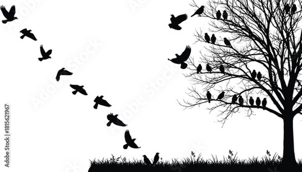 Obraz Flock of birds flying into a silhouette of a bare winter tree, black and white vector symbolizing freedom, rest, and nature.