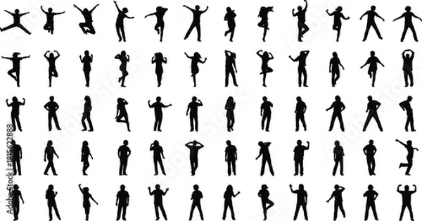 Fototapeta Massive collection of diverse people silhouettes set, men and women jumping, celebrating, and standing in various dynamic and confident poses.