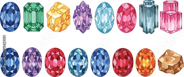Fototapeta Set of colorful gemstones and raw minerals, brilliant cut and polished jewels, vector illustration for luxury, jewelry, magic, and treasure design concepts.