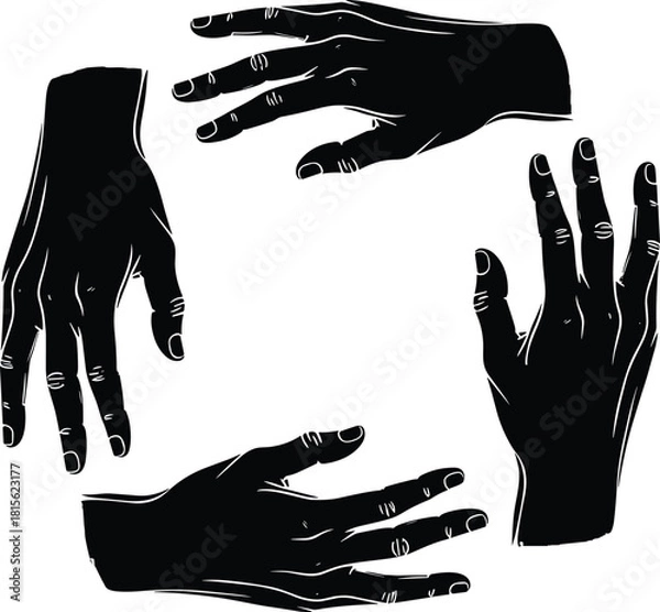 Fototapeta Set of four detailed human hand silhouettes vector illustration, showing different gestures, movement, and graphic communication elements.