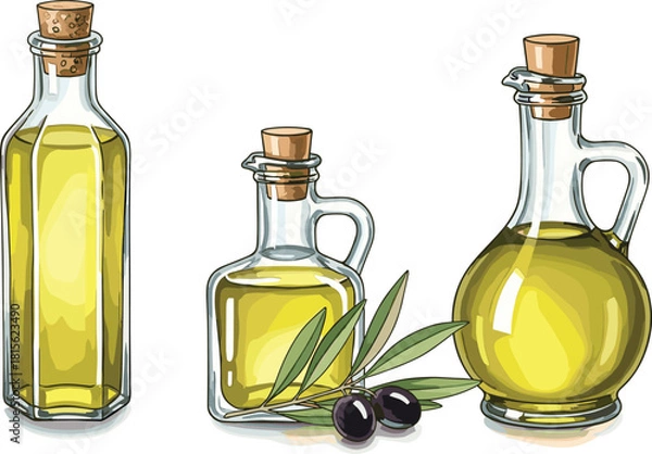 Fototapeta Set of three glass bottles with natural olive oil, cork stoppers, an olive branch, and dark olives, isolated healthy food vector