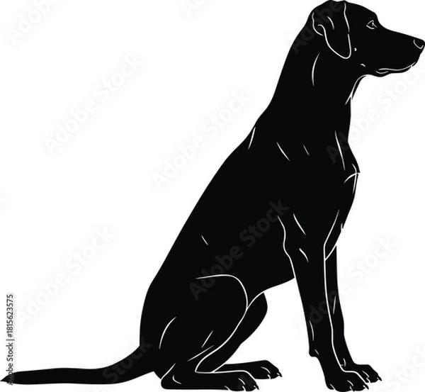 Fototapeta Sitting Labrador Retriever or pointer dog black silhouette vector profile isolated on white background, representing loyalty and companionship.